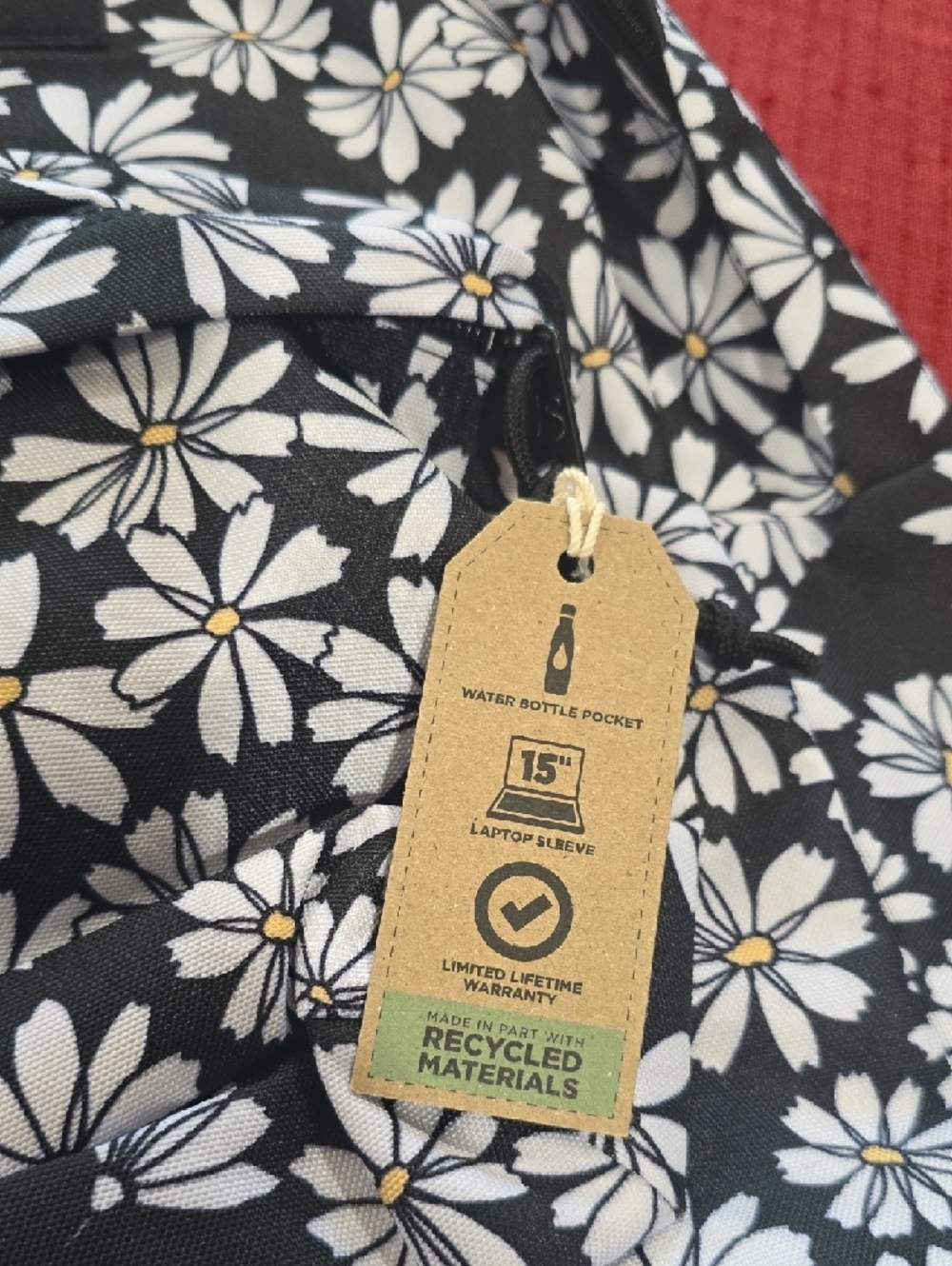 Jansport Black Daisy Print Backpack - Picture 4 of 12